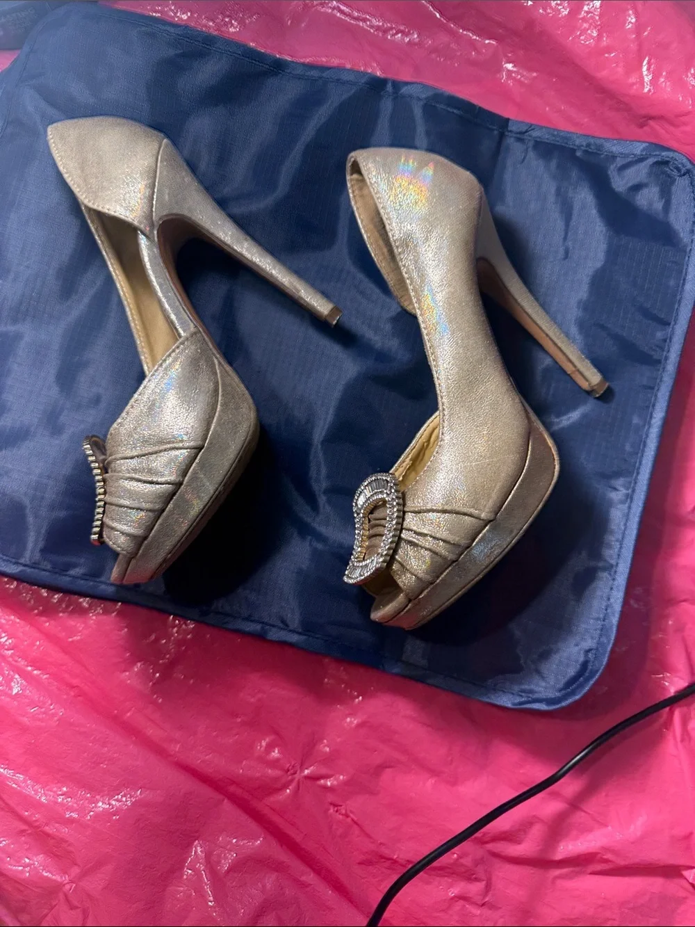 Gold D'Orsay Crystal Buckle Pumps